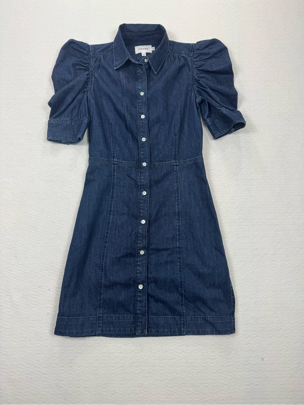 FRAME Denim Grapewood Puff Sleeve Mini Dress Dark Wash XS Cotton